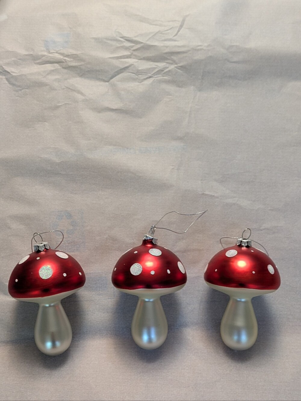 Red & White Pearl White Polka Dot Glass Mushroom Ornaments -set of 3